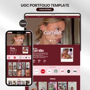 May include: A digital UGC portfolio template displayed on a tablet and smartphone screen. The design features a deep maroon color scheme with white text, including the name Camille Wilson, social media icons, and various photo grids.