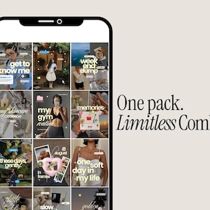 May include: A smartphone screen displaying a social media grid of twelve square images featuring lifestyle photography, text overlays, and graphic elements. To the right of the phone, the text reads: One pack. Limitless Combos.