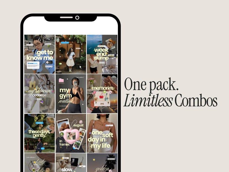 May include: A smartphone screen displaying a social media grid of twelve square images featuring lifestyle photography, text overlays, and graphic elements. To the right of the phone, the text reads: One pack. Limitless Combos.