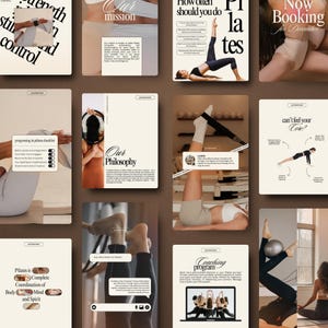 May include: A collage of images with text related to Pilates. The images feature people performing Pilates exercises, along with text such as "Our Mission", "Pilates is Complete Coordination of Body Mind and Spirit", and "Now Booking for December". The color scheme is neutral with beige and brown tones.
