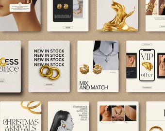 Modelos de posts para Instagram sobre joias de luxo, pacote permanente e editável para redes sociais no Canva.