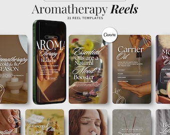 May include: A digital graphic promoting aromatherapy reels for Instagram. The image features a series of templates with text such as "Aromatherapy for headache" and "Essential Oils are a Natural Mood Booster". The Canva logo is also visible.