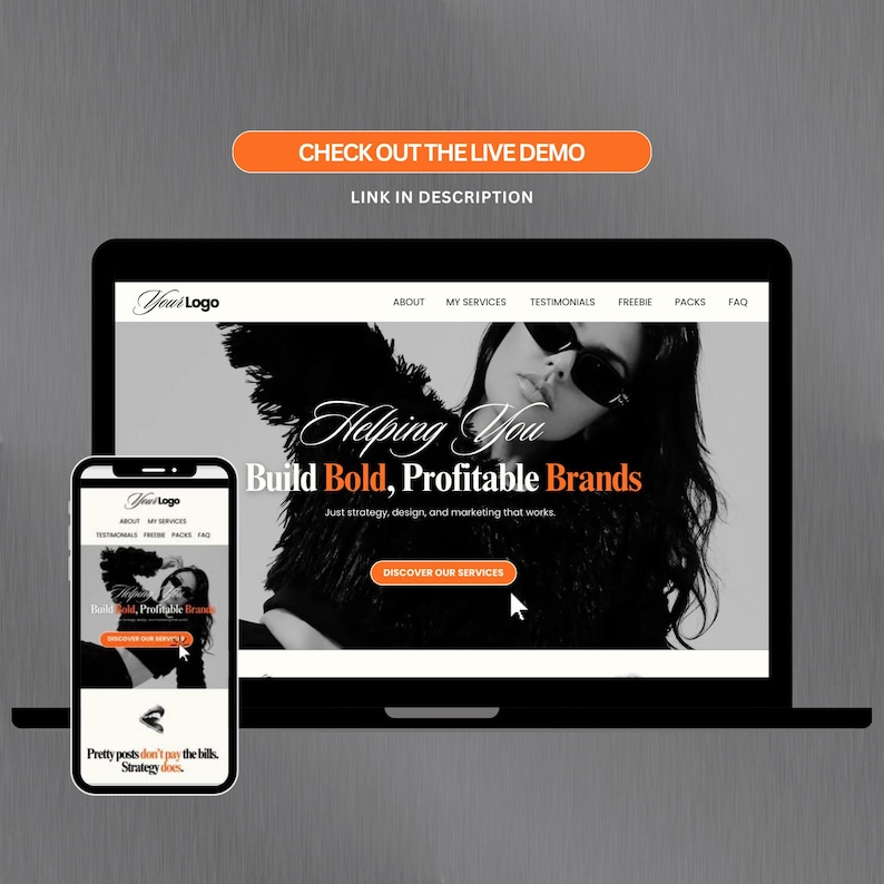 K&ouml;nnte beinhalten: Ein Laptop und ein Smartphone zeigen eine Website mit dem Text "Helping You Build Bold, Profitable Brands". Die Website zeigt eine Frau mit Sonnenbrille. Das Smartphone zeigt die mobile Version der Website. Eine orangefarbene Schaltfl&auml;che lautet "Check out the live demo."