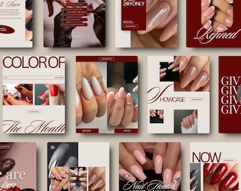 Nail Tech Instagram-sjablonen, Nails Social Media Pack: digitale download, bewerkbare canva-berichten en -verhalen