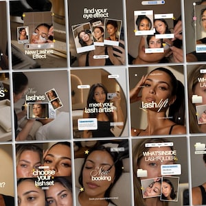 Puede incluir: Un collage digital de publicaciones en redes sociales con varias imágenes de personas recibiendo tratamientos de pestañas, con superposiciones de texto que incluyen Lashweek Scrapbook, New Lashes Effect, Find Your Eye Effect, Lash Lift y What's Inside Lash Folder.