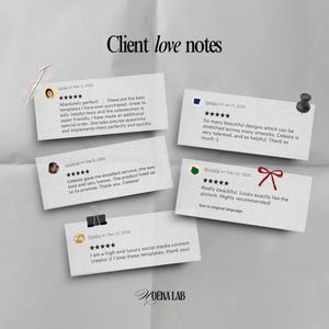 May include: A collection of client testimonials on small, rectangular cards. Each card features a customer review with a five-star rating. The cards are arranged on a light background, with a few secured by a paper clip and push pin.