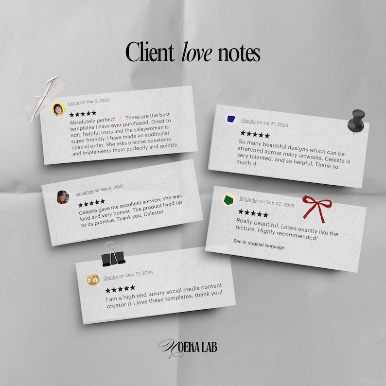 May include: A collection of client testimonials on small, rectangular cards. Each card features a customer review with a five-star rating. The cards are arranged on a light background, with a few secured by a paper clip and push pin.