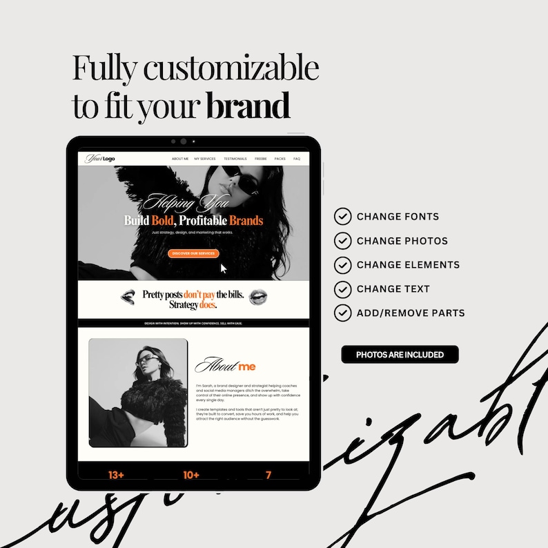 K&ouml;nnte beinhalten: Ein digitales Tablet zeigt ein Website-Design mit dem Text "Helping You Build Bold, Profitable Brands." Das Bild hebt die M&ouml;glichkeit hervor, Schriftarten, Fotos, Elemente und Text zu &auml;ndern. Der Satz "Fully customizable to fit your brand" steht oben.