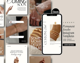 Modelos permanentes para posts de joias no Instagram: Posts e Stories de luxo editáveis no Canva para negócios de joias