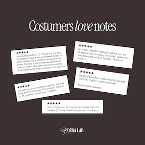 May include: A dark brown graphic featuring the text Costumers love notes at the top and Yoeka Lab at the bottom. Five white rectangular customer review boxes are displayed, each containing five black stars and written feedback from satisfied clients.