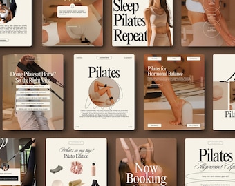 May include: A collection of Pilates-themed social media posts. The posts feature images of women in workout attire, exercise equipment, and text such as "Eat Sleep Pilates Repeat" and "Now Booking for December."