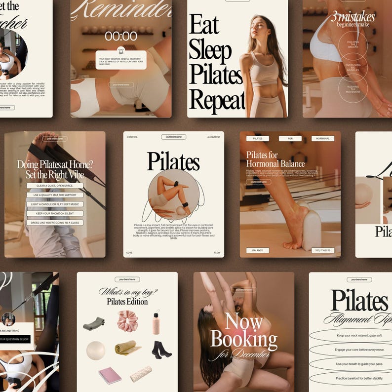 May include: A collection of Pilates-themed social media posts. The posts feature images of women in workout attire, exercise equipment, and text such as "Eat Sleep Pilates Repeat" and "Now Booking for December."