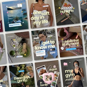 May include: A collection of fifteen square digital social media templates featuring various lifestyle themes, including skincare, gym routines, and daily updates, decorated with white cursive text, star icons, and small photo frames.