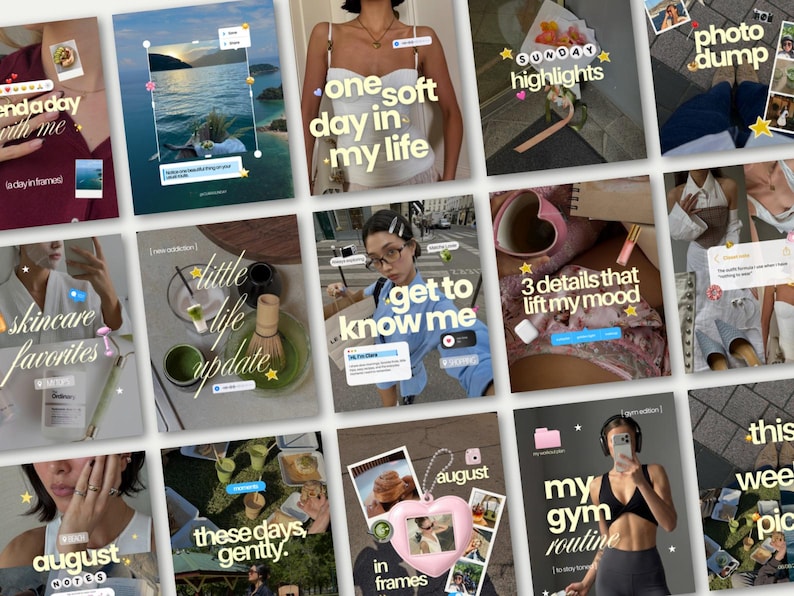 May include: A collection of fifteen square digital social media templates featuring various lifestyle themes, including skincare, gym routines, and daily updates, decorated with white cursive text, star icons, and small photo frames.
