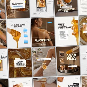 May include: A collection of social media graphics featuring amber-coloured hair removal wax, wooden applicators, and text overlays including Sugaring, Waxing 101, Now Booking, and Wax Files, showcasing various stages of the professional hair removal process.