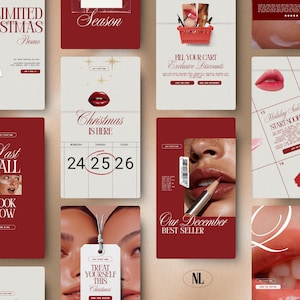 Puede incluir: Un collage de gráficos promocionales rojos y blancos con texto como "Christmas is Here", "Holiday Sale" y "Our December Best Seller". También se presentan imágenes de labios, una cesta de la compra con maquillaje y un calendario.