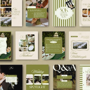 May include: A collection of wedding-themed graphics in shades of green and beige. The designs include text such as "Our Latest Event," "Q&A," "50K followers THANK YOU," "Sunday Moodboard," "Essential Questions to Ask Your," "Venue Walkthroughs," and "Wedding Spotlight."