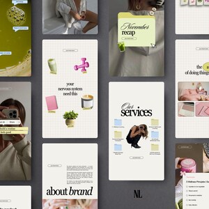 May include: A collage of digital graphics with a neutral color palette. The graphics include text such as "November recap", "Our Services", and "about brand". Other graphics include a pink dumbbell, a candle, a plant, and a notebook.