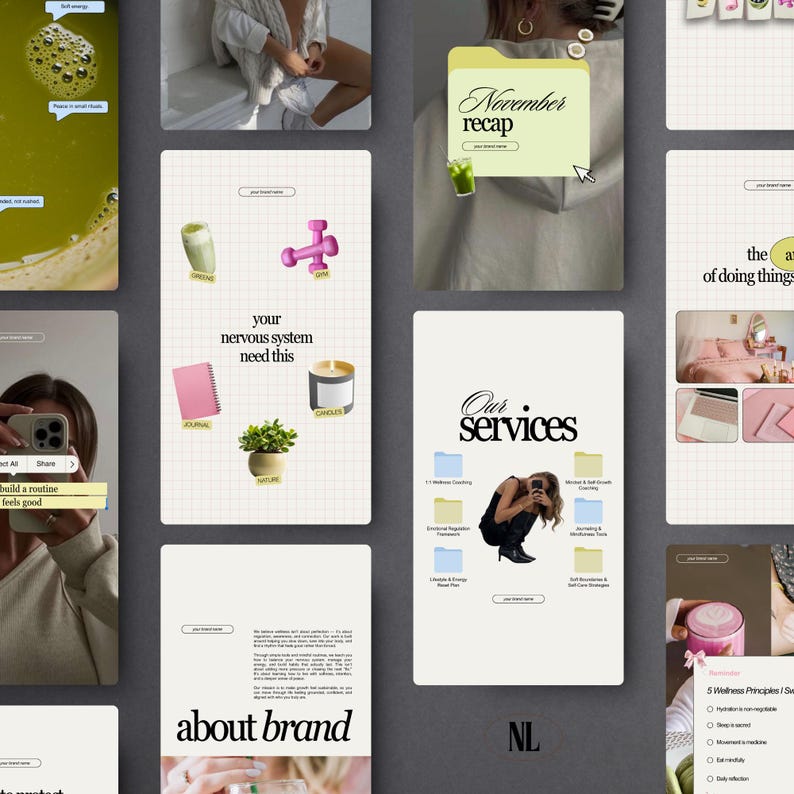 May include: A collage of digital graphics with a neutral color palette. The graphics include text such as "November recap", "Our Services", and "about brand". Other graphics include a pink dumbbell, a candle, a plant, and a notebook.
