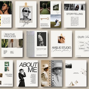 Peut inclure: Une collection de cartes crème avec diverses images et du texte. Les cartes présentent des thèmes tels que les mariages, la mode et les processus créatifs. Certaines cartes comportent des photos de personnes, d'autres affichent du texte comme "Storytelling" et "About Me."