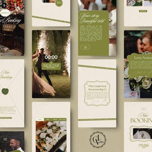May include: A collection of wedding-themed social media templates in shades of green and beige. The templates include text such as "New Booking", "Your story, Beautiful told", and "Love Notes". A couple dances in front of fireworks.