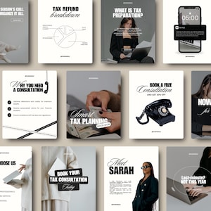 Könnte beinhalten: Eine Sammlung von Social-Media-Beiträgen mit einheitlichem Design. Die Beiträge enthalten Texte zu Steuererklärung, Beratungen und Planung. Einige Beiträge zeigen Bilder eines Kreisdiagramms, einer Frau mit Laptop, eines Telefons und eines Smartphones.