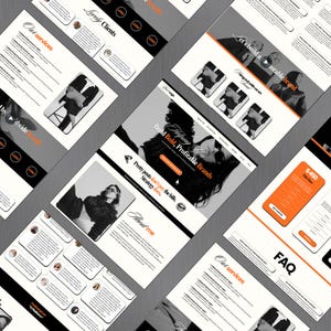 K&ouml;nnte beinhalten: Eine Sammlung von Website-Mockups mit modernem Design. Die Layouts weisen ein Graustufen-Farbschema mit orangefarbenen Akzenten auf. Der Text enth&auml;lt "Build Bold, Profitable Brands" und "Pretty posts don't pay the bills. Strategy does."