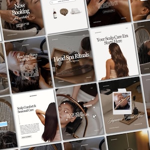 Puede incluir: Una colección de gráficos para redes sociales de un spa capilar, con fotografías de tratamientos para el cabello, productos para el cuero cabelludo y textos superpuestos como Head Spa Rituals, Your Scalp Care Era Starts Here y Now Booking.