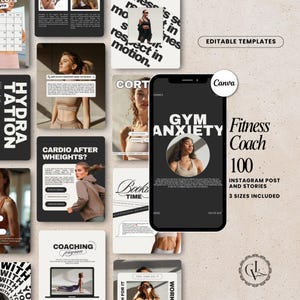 Puede incluir: Plantillas de publicaciones e historias de Instagram para un entrenador de fitness. Las plantillas presentan imágenes de mujeres con ropa de entrenamiento, con superposiciones de texto como "Gym Anxiety". El logotipo de Canva es visible.
