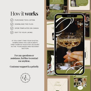 May include: A digital product display with a phone showing a champagne glass. Text includes "How it works" and steps: purchase, download, open, edit. Additional text: "For any questions or assistance, feel free to contact me anytime."