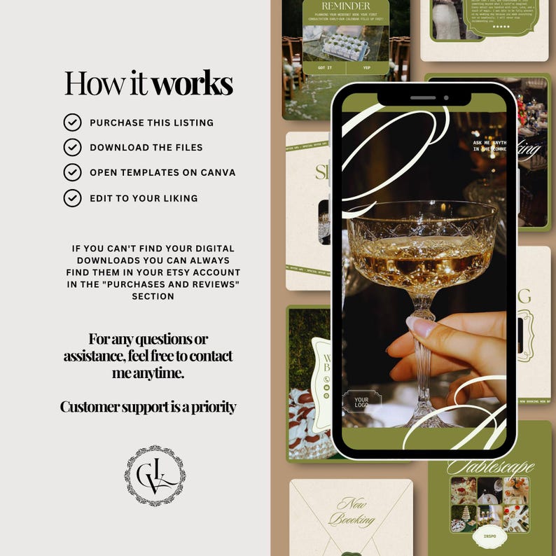 May include: A digital product display with a phone showing a champagne glass. Text includes "How it works" and steps: purchase, download, open, edit. Additional text: "For any questions or assistance, feel free to contact me anytime."