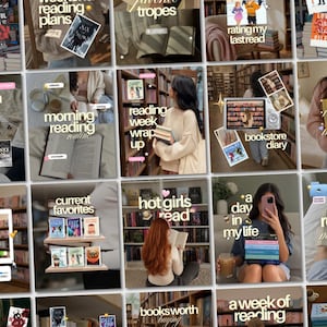 Puede incluir: Un collage de publicaciones en redes sociales con libros, estanterías y actividades de lectura. Las imágenes incluyen superposiciones de texto como bookish dump, morning reading routine, reading week wrap up, bookstore diary y slow reading morning.