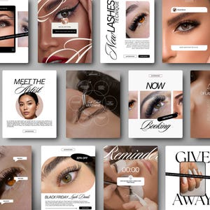 May include: A series of promotional graphics for eyelash extension services. The images showcase close-ups of eyes with long lashes, text including "New Lashes Technique," and offers such as "30% Off Black Friday Lash Deals."
