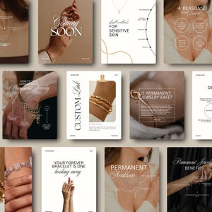 May include: A collection of promotional images for permanent jewelry. The images feature close-ups of bracelets and necklaces, with text overlays such as "Coming Soon," "Best Metals for Sensitive Skin," and "Custom Link." The overall aesthetic is minimalist and elegant.