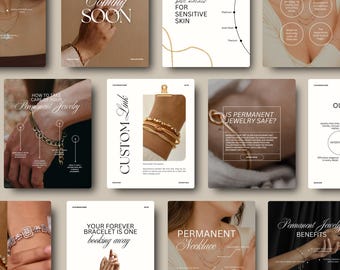 Plantillas de publicaciones de Instagram de joyería permanente: publicaciones e historias editables de lujo en Canva para negocios de joyería.