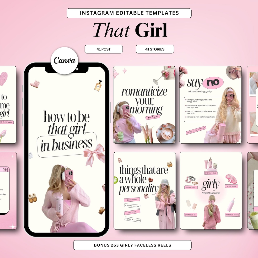 Content Creator Pink Instagram Templates: That Girl, Trendy Social ...