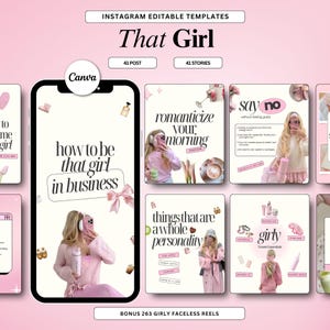 Może przedstawiać: Zestaw różowych i białych szablonów Instagram z tekstem "That Girl" i "How to be that girl in business". Zestaw zawiera szablony do postów i relacji, z dodatkowymi szablonami dla "romanticize your morning" i "girly travel essentials".