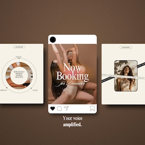 May include: An Instagram-style graphic with three panels. The central panel features two people in athletic wear, with the text "Now Booking for December." The bottom text reads "Your voice amplified."