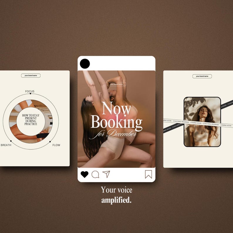 May include: An Instagram-style graphic with three panels. The central panel features two people in athletic wear, with the text "Now Booking for December." The bottom text reads "Your voice amplified."