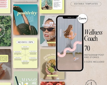 Wellness Coach Instagram Templates: 70 Posts & Stories (Canva)