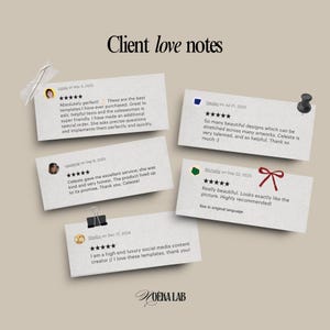 Puede incluir: Una colecci&oacute;n de testimonios de clientes en tarjetas color crema, algunos asegurados con cinta adhesiva, un chincheta y un clip. El texto dice "Client love notes" en la parte superior, con el logotipo de Moeka Lab en la parte inferior. Las tarjetas presentan rese&ntilde;as de clientes.