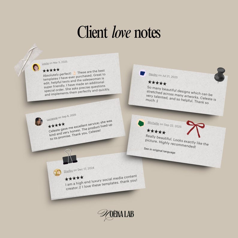 Puede incluir: Una colecci&oacute;n de testimonios de clientes en tarjetas color crema, algunos asegurados con cinta adhesiva, un chincheta y un clip. El texto dice "Client love notes" en la parte superior, con el logotipo de Moeka Lab en la parte inferior. Las tarjetas presentan rese&ntilde;as de clientes.