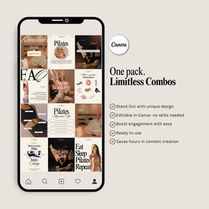May include: A smartphone displays a grid of Pilates-themed social media posts. The posts feature images of exercises, text like "Pilates" and "Now Booking," and the Canva logo. Text on the side reads "One pack. Limitless Combos."