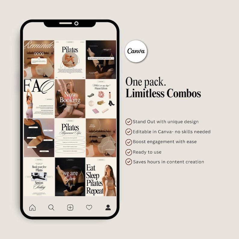 May include: A smartphone displays a grid of Pilates-themed social media posts. The posts feature images of exercises, text like "Pilates" and "Now Booking," and the Canva logo. Text on the side reads "One pack. Limitless Combos."