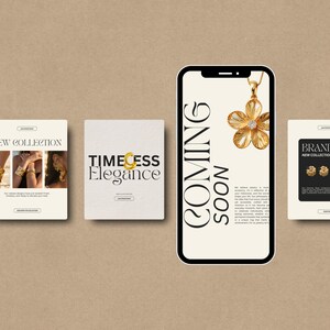Pode incluir: Um an&uacute;ncio de joias com um smartphone com um pingente de flor dourada, as palavras "COMING SOON" e outros materiais promocionais. O fundo &eacute; de cor bege neutra.