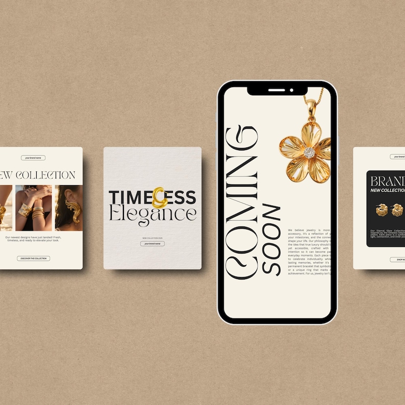 Pode incluir: Um an&uacute;ncio de joias com um smartphone com um pingente de flor dourada, as palavras "COMING SOON" e outros materiais promocionais. O fundo &eacute; de cor bege neutra.