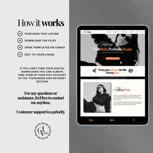 K&ouml;nnte beinhalten: Ein digitales Tablet zeigt eine Website mit dem Text "Helping You Build Bold, Profitable Brands". Das Tablet befindet sich auf einem hellgrauen Hintergrund. Der Text "How it works" steht &uuml;ber einer Liste von Schritten: kaufen, herunterladen, &ouml;ffnen und bearbeiten. Das Logo ist ein stilisiertes "GL".