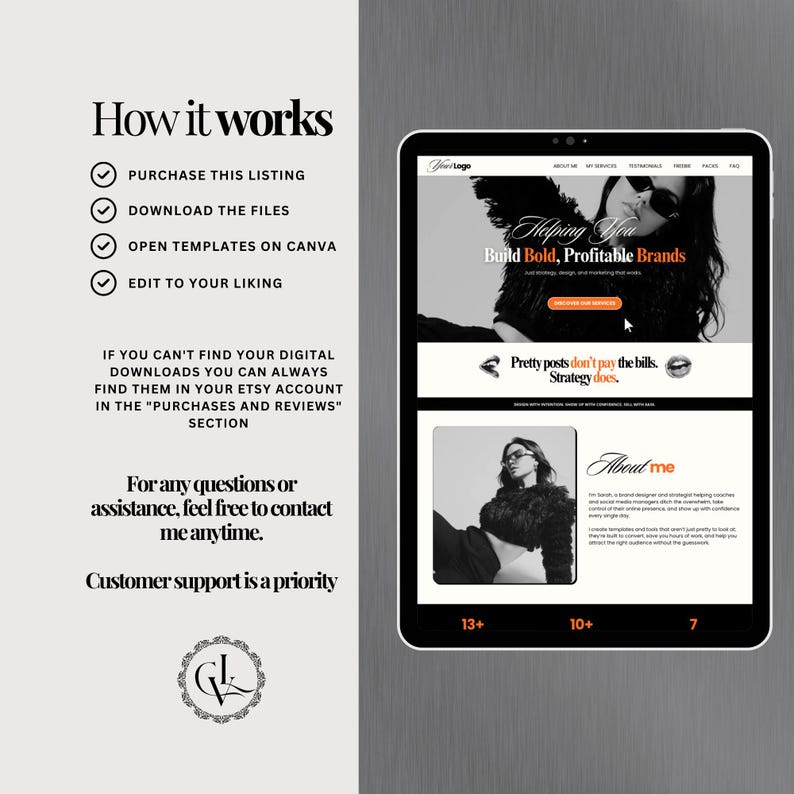 K&ouml;nnte beinhalten: Ein digitales Tablet zeigt eine Website mit dem Text "Helping You Build Bold, Profitable Brands". Das Tablet befindet sich auf einem hellgrauen Hintergrund. Der Text "How it works" steht &uuml;ber einer Liste von Schritten: kaufen, herunterladen, &ouml;ffnen und bearbeiten. Das Logo ist ein stilisiertes "GL".