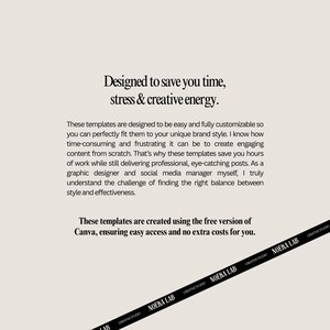May include: Cream-colored graphic design template with text: "Designed to save you time, stress & creative energy." The text continues to describe the templates' features and benefits. A black ribbon with the text "NOEKA LAB CREATIVE STUDIO" is at the bottom.
