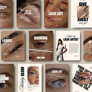 Può includere: Una raccolta di grafiche promozionali per servizi di lash lift. Le immagini presentano primi piani di occhi, overlay di testo come "Lash Lift", "New Lashes" e "Booking Time", e una foto di un'artista di ciglia. La palette di colori è neutra con toni beige e marroni.